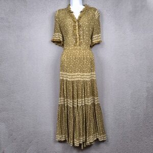Free People Dress Womens L Green Rare Fellings Floral Maxi Boho Prairie Tiered